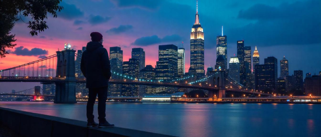 Um banner moderno e profissional para um blog sobre imigração e empreendedorismo em Nova York. A imagem deve retratar a icônica skyline de Manhattan, destacando prédios como o Empire State e a Estátua da Liberdade ao fundo. Na cena, deve haver um imigrante confiante olhando para a cidade, simbolizando novas oportunidades. As cores devem ser vibrantes, com tons de azul e dourado, transmitindo sucesso e ambição.