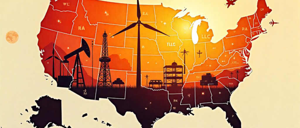 A MAP of USA on the state of Texas and business elements, such as energy, aerospace business, and icons of LLC