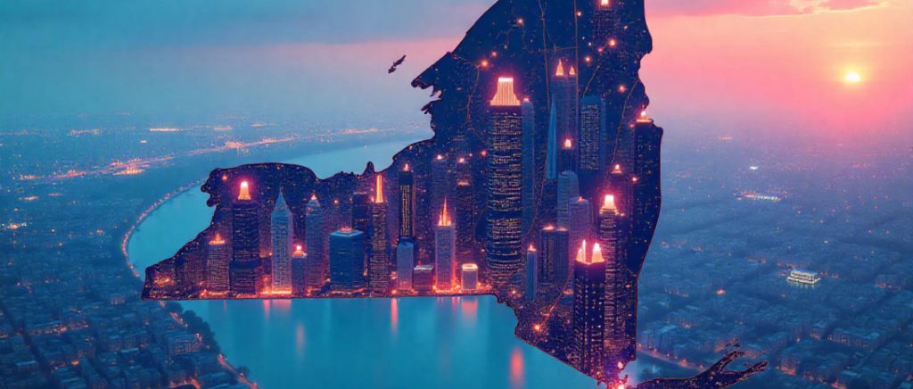 A MAP of USA on the state of NEW YORK and business elements, such as skyscrappers, business, and icons of LLC
