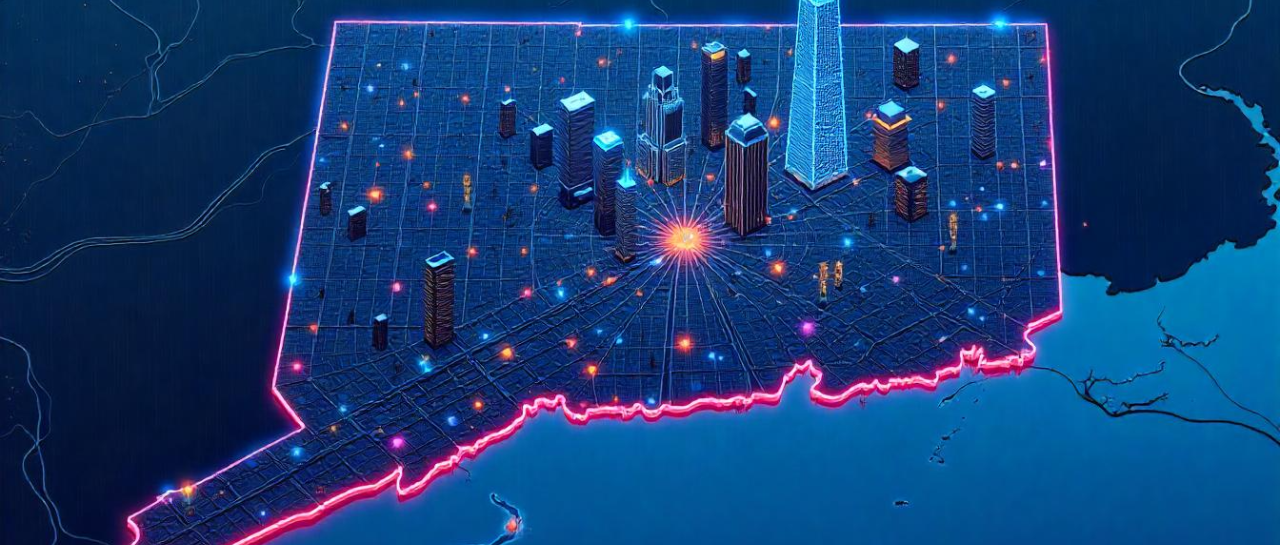 A MAP of USA on the state of Connecticut and business elements, such as skyscrappers, business, and icons of LLC