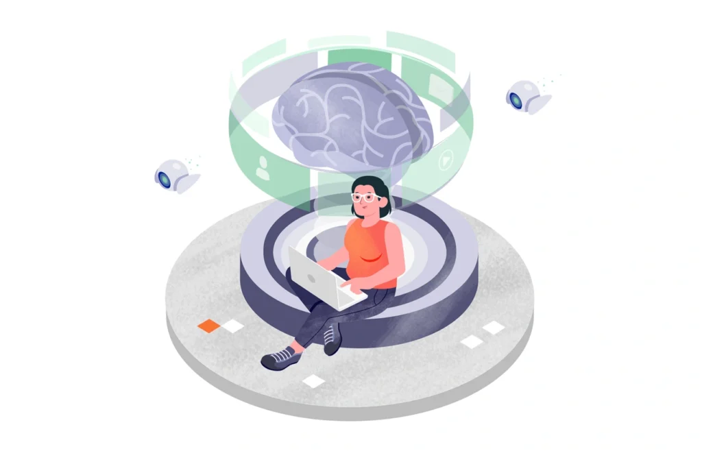 Ilustração de uma pessoa sentada com um laptop, rodeada por um ambiente futurista. Acima dela há um grande cérebro digital holográfico cercado por uma interface transparente com ícones, simbolizando inteligência artificial ou computação cognitiva. Dois pequenos drones flutuam ao redor