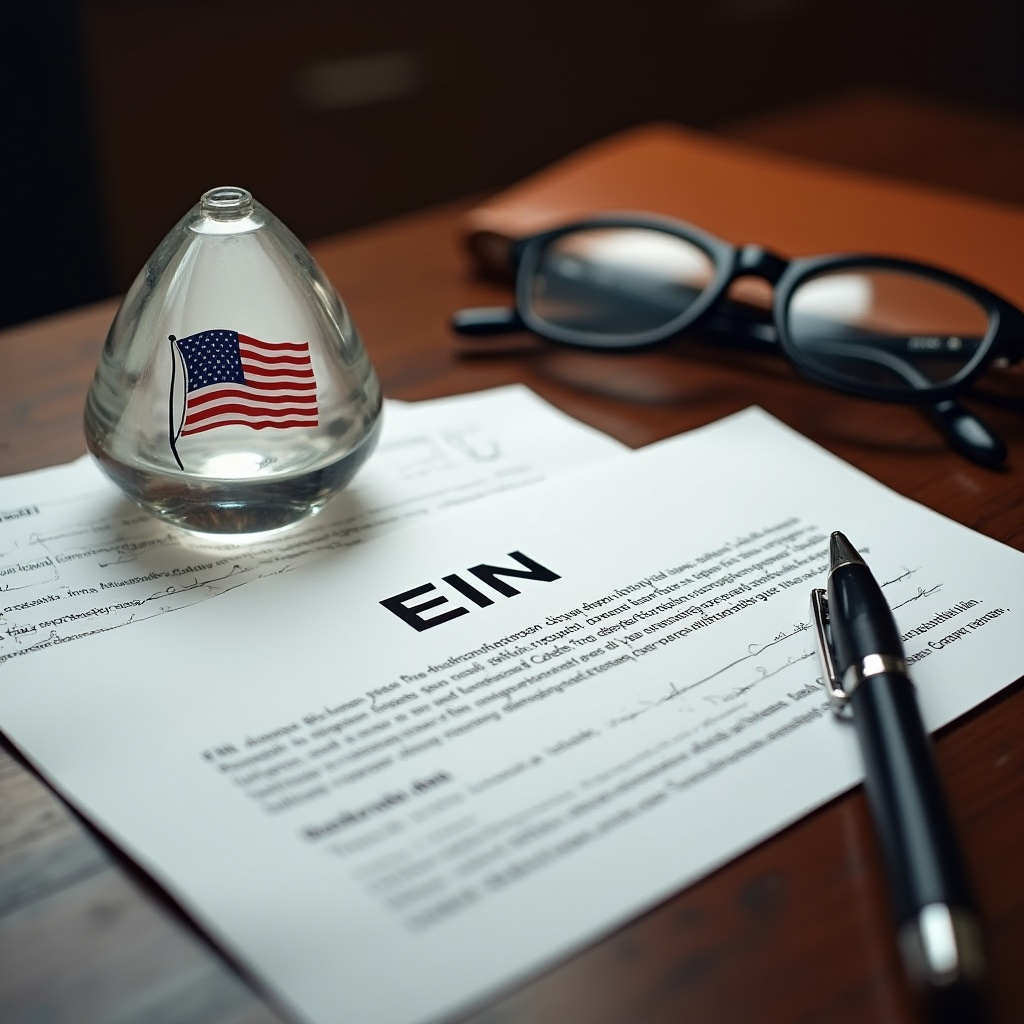 Documento de EIN sobre mesa com caneta e óculos ao lado, simbolizando abertura de empresa nos EUA com bandeira americana.