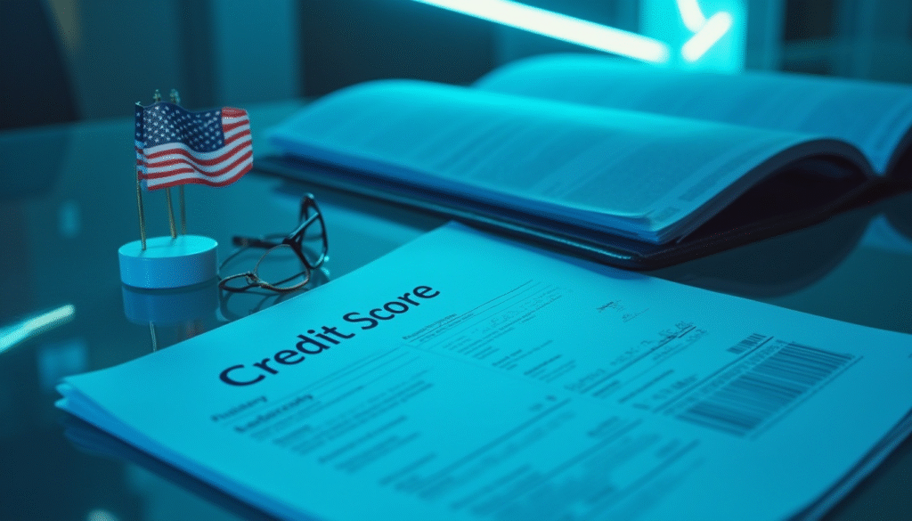 Credit score document on a sleek glass desk, next to an open ITIN file, a small, neatly folded USA banner acting as a paperweight, in a modern, minimalist office setting.