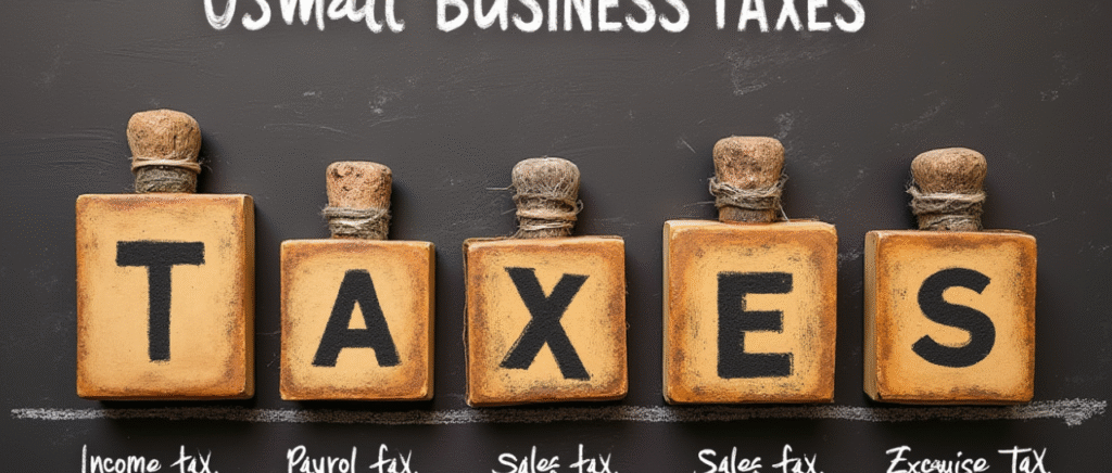 Infográfico com os principais impostos que pequenas empresas nos EUA precisam pagar: income tax, payroll tax, sales tax, self-employment tax e excise tax