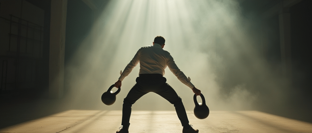 Melhores ceos treinam com kettlebell em ambiente industrial, representando disciplina de liderança corporativa e performance atlética empresarial