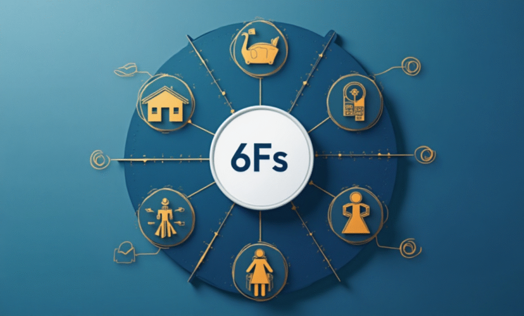Infográfico do framework dos 6 Fs para CEOs: Family, Finances, Function, Faith, Fitness e Future, metodologia de planejamento estratégico para melhores CEOs treinam