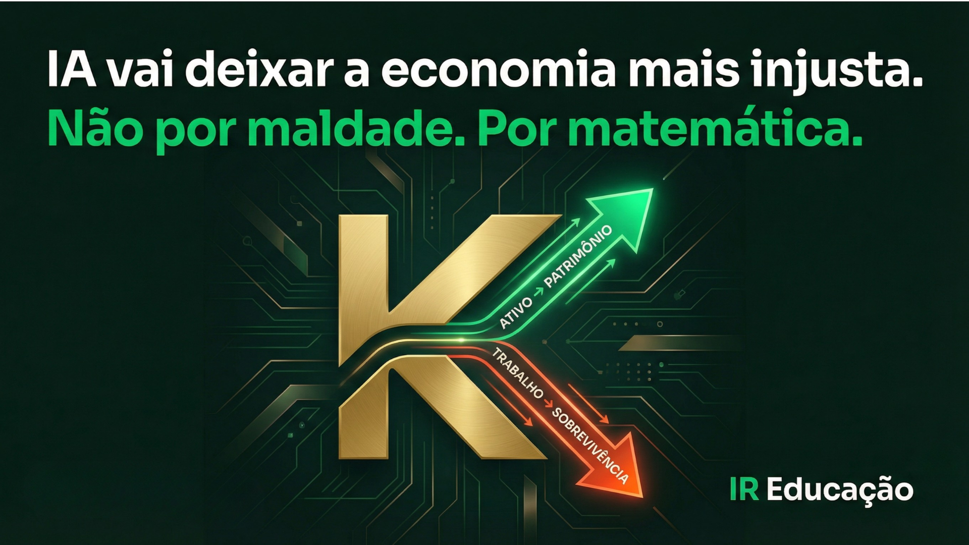 Economia em K: diagrama mostrando como a IA amplifica ativos e comoditiza trabalho para empreendedores imigrantes nos EUA