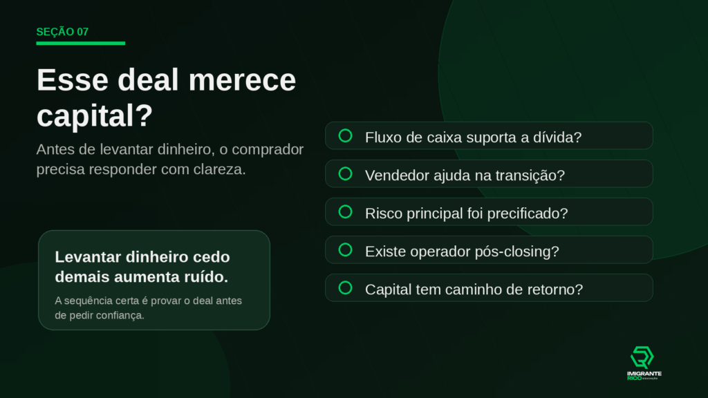 Checklist de capital para comprar um negócio da Imigrante Rico Educação abordando fluxo de caixa, transição do vendedor, precificação de risco, operador pós-closing e retorno do capital em operações de ETA e SMB acquisitions.