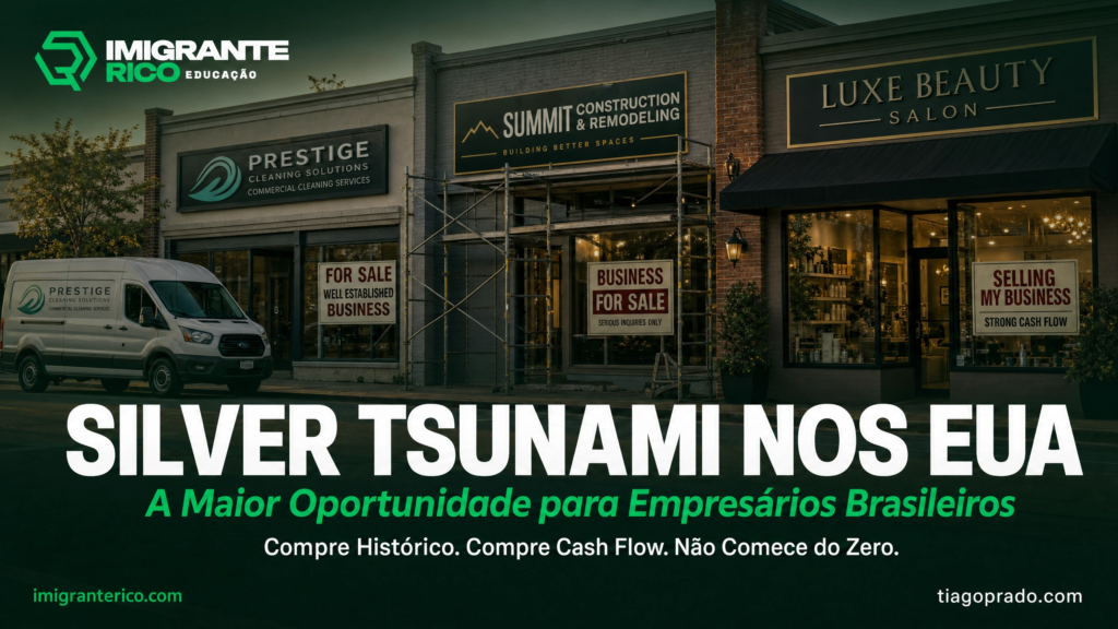Capa do blog Silver Tsunami nos EUA: empresas de limpeza comercial, construção e beleza à venda na Main Street americana — oportunidade de aquisição para empresários brasileiros | Tiago Prado | Imigrante Rico