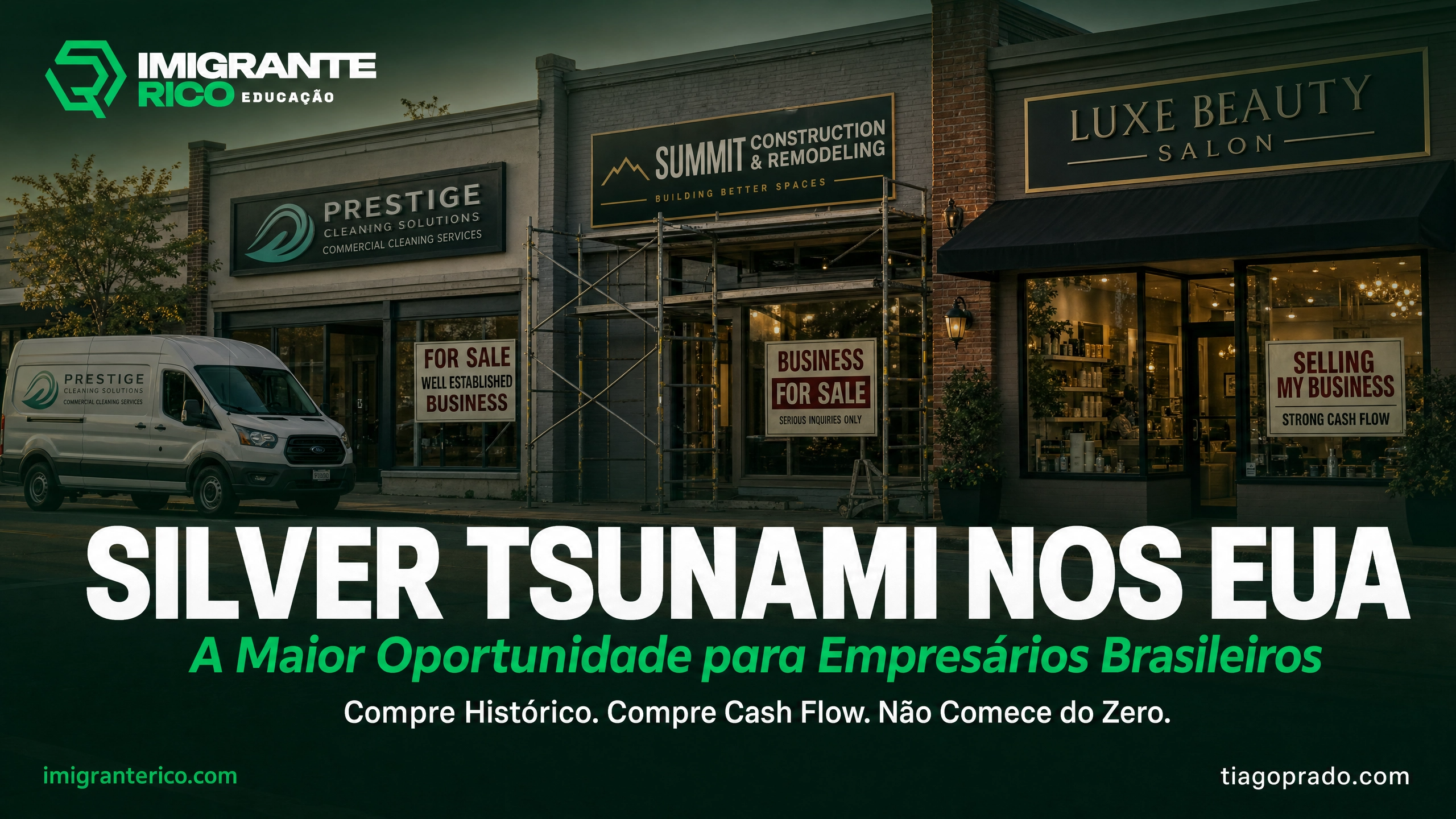 Capa do blog Silver Tsunami nos EUA: empresas de limpeza comercial, construção e beleza à venda na Main Street americana — oportunidade de aquisição para empresários brasileiros | Tiago Prado | Imigrante Rico
