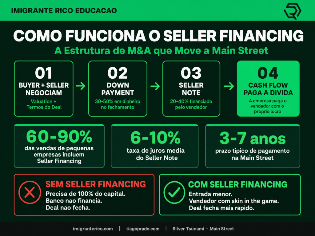 Infográfico Como Funciona o Seller Financing em M&A: Down Payment, Seller Note, Cash Flow — Imigrante Rico Educação | Main Street | Silver Tsunami | Tiago Prado