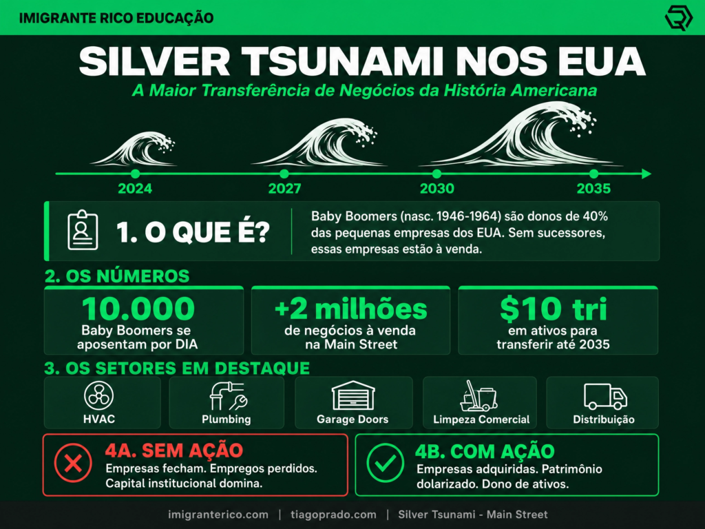Infográfico Silver Tsunami nos EUA: 10.000 baby boomers se aposentam por dia, $10 trilhões em ativos, negócios à venda na Main Street — HVAC, Plumbing, Garage Doors, Limpeza Comercial | Imigrante Rico
