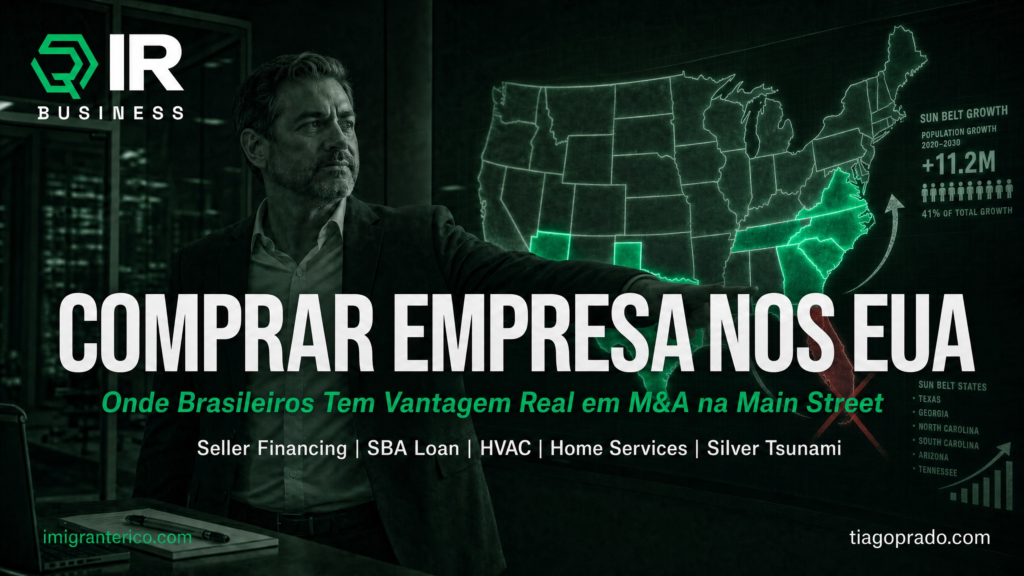 Comprar Empresa nos EUA: executivo apresenta o mapa do Sun Belt destacando onde brasileiros encontram vantagem competitiva para adquirir empresas nos Estados Unidos. A imagem ilustra oportunidades de M&A Main Street impulsionadas pelo crescimento populacional, Silver Tsunami, Seller Financing, SBA Loan e empresas de Home Services, como HVAC. O destaque compara o potencial do Sun Belt com mercados mais competitivos, reforçando por que empreender fora da Flórida oferece melhores oportunidades de compra de empresas com múltiplos de valuation mais atrativos. Capa do guia da QIR Business sobre Comprar Empresa nos EUA.