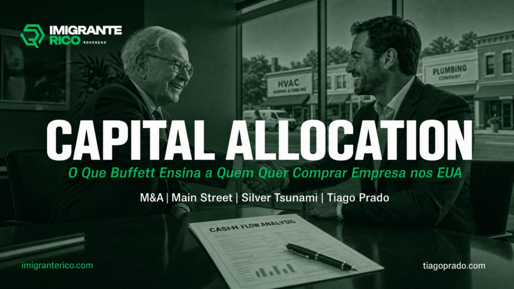 Capa da Imigrante Rico Educação sobre Capital Allocation, mostrando Warren Buffett como referência para compra de empresas na Main Street americana e estratégias de aquisição de negócios nos Estados Unidos.