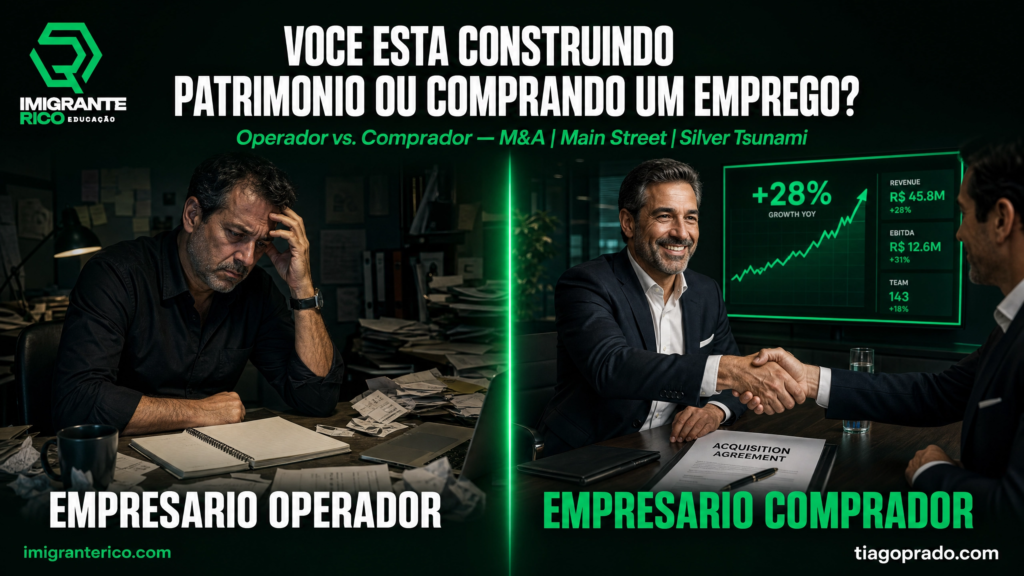 Capa da Imigrante Rico Educação comparando o empresário operador e o empresário comprador. A imagem mostra o contraste entre construir uma empresa do zero e adquirir um negócio lucrativo já estabelecido.