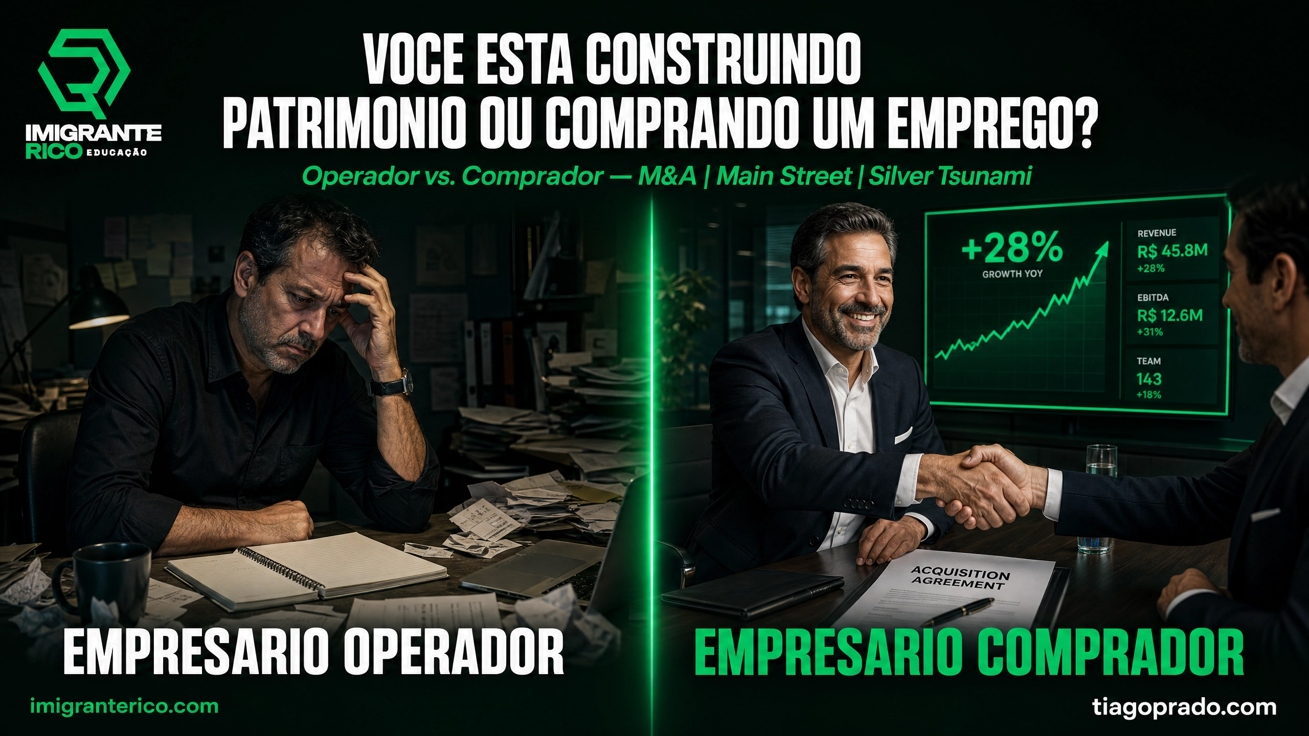 Capa da Imigrante Rico Educação comparando o empresário operador e o empresário comprador. A imagem mostra o contraste entre construir uma empresa do zero e adquirir um negócio lucrativo já estabelecido.