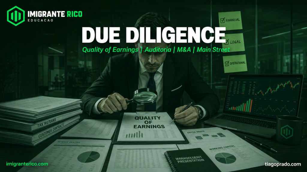 Capa da Imigrante Rico Educação sobre Due Diligence na compra de empresas nos Estados Unidos, destacando Quality of Earnings, auditoria financeira, M&A e análise operacional para aquisição de pequenas empresas (Main Street).