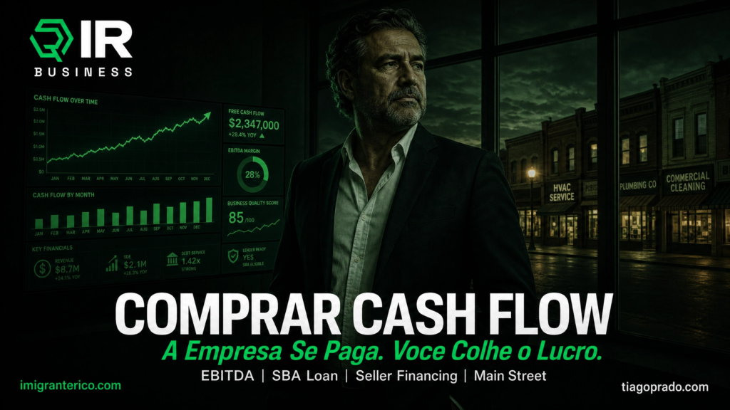 Imagem promocional da IR Business sobre aquisição de empresas na Main Street americana. Empresário em primeiro plano com painel financeiro exibindo crescimento de fluxo de caixa, EBITDA, SDE e indicadores de desempenho. A mensagem destaca que comprar uma empresa lucrativa significa adquirir fluxo de caixa recorrente, utilizando financiamento SBA Loan, Seller Financing e análise de EBITDA para construir patrimônio e gerar renda.