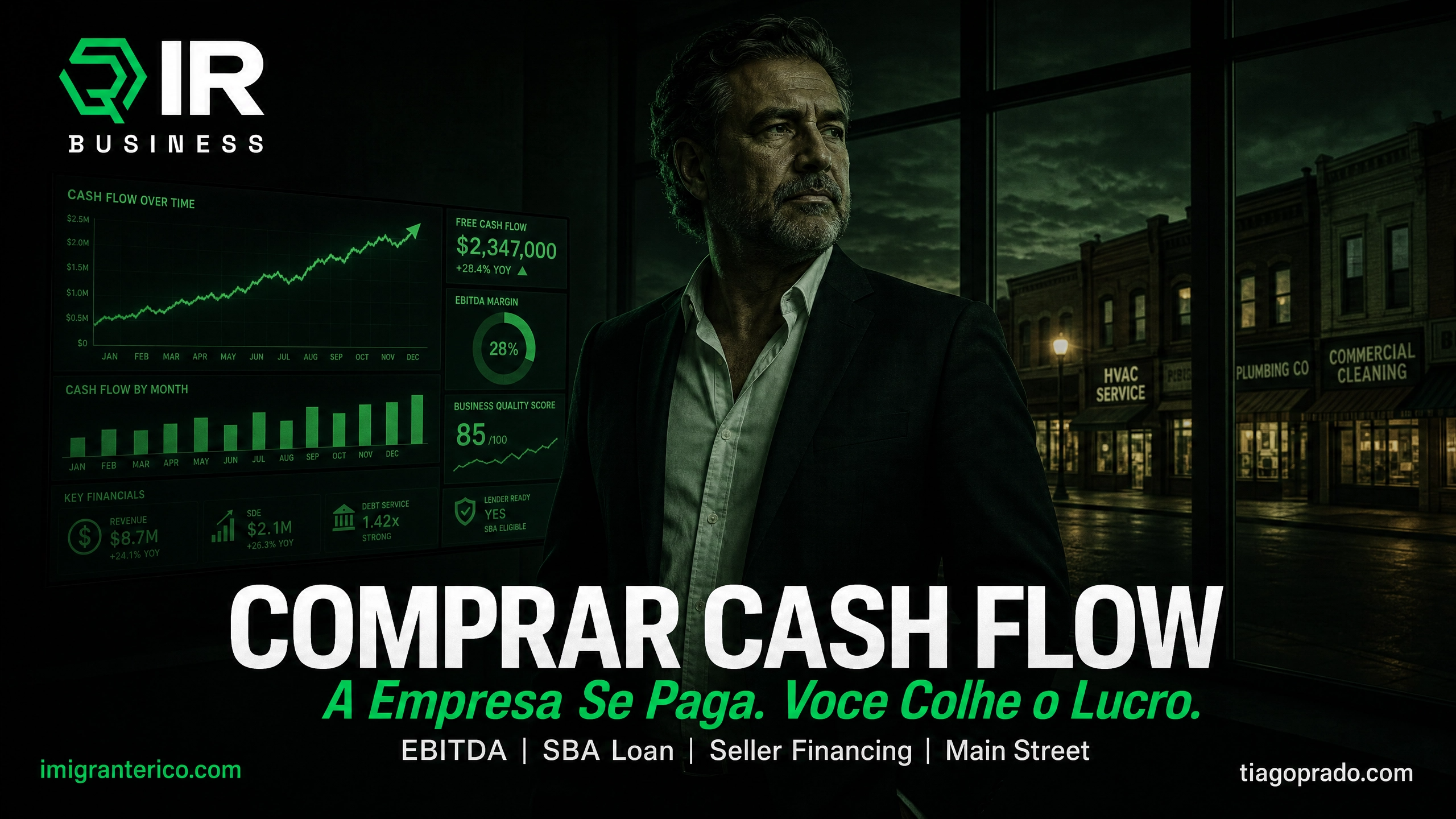 Imagem promocional da IR Business sobre aquisição de empresas na Main Street americana. Empresário em primeiro plano com painel financeiro exibindo crescimento de fluxo de caixa, EBITDA, SDE e indicadores de desempenho. A mensagem destaca que comprar uma empresa lucrativa significa adquirir fluxo de caixa recorrente, utilizando financiamento SBA Loan, Seller Financing e análise de EBITDA para construir patrimônio e gerar renda.