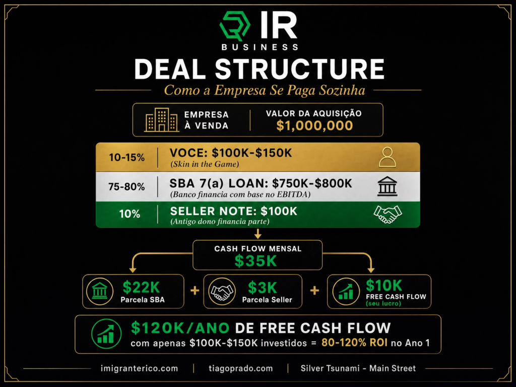 Infográfico da IR Business explicando a estrutura de aquisição de uma empresa utilizando financiamento SBA 7(a), entrada do comprador (skin in the game), seller note e fluxo de caixa mensal que permite que a própria empresa pague sua aquisição.