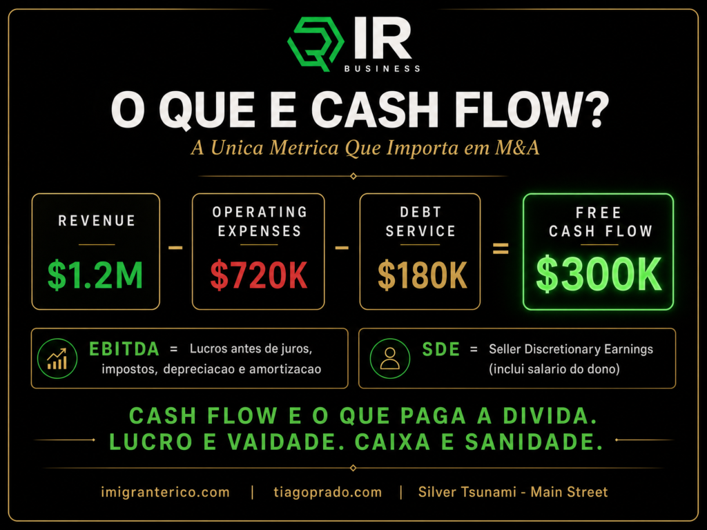 Infográfico da IR Business explicando o conceito de fluxo de caixa (Cash Flow) em M&A, mostrando como receita, despesas operacionais e serviço da dívida resultam no fluxo de caixa livre, além dos conceitos de EBITDA e SDE para avaliação de empresas.