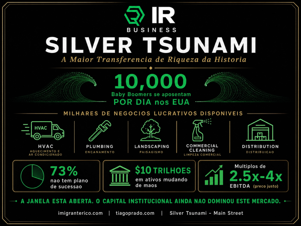 Infográfico da IR Business sobre o fenômeno Silver Tsunami, mostrando que 10.000 Baby Boomers se aposentam por dia nos Estados Unidos, gerando a maior transferência de riqueza da história e criando oportunidades de aquisição de empresas lucrativas em setores como HVAC, encanamento, paisagismo, limpeza comercial e distribuição.